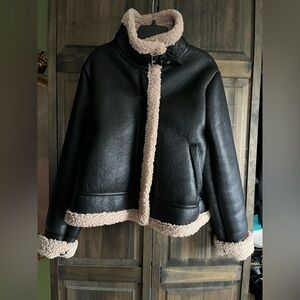 Maralyn & Me faux black leather aviator jacket with faux shearling size XL